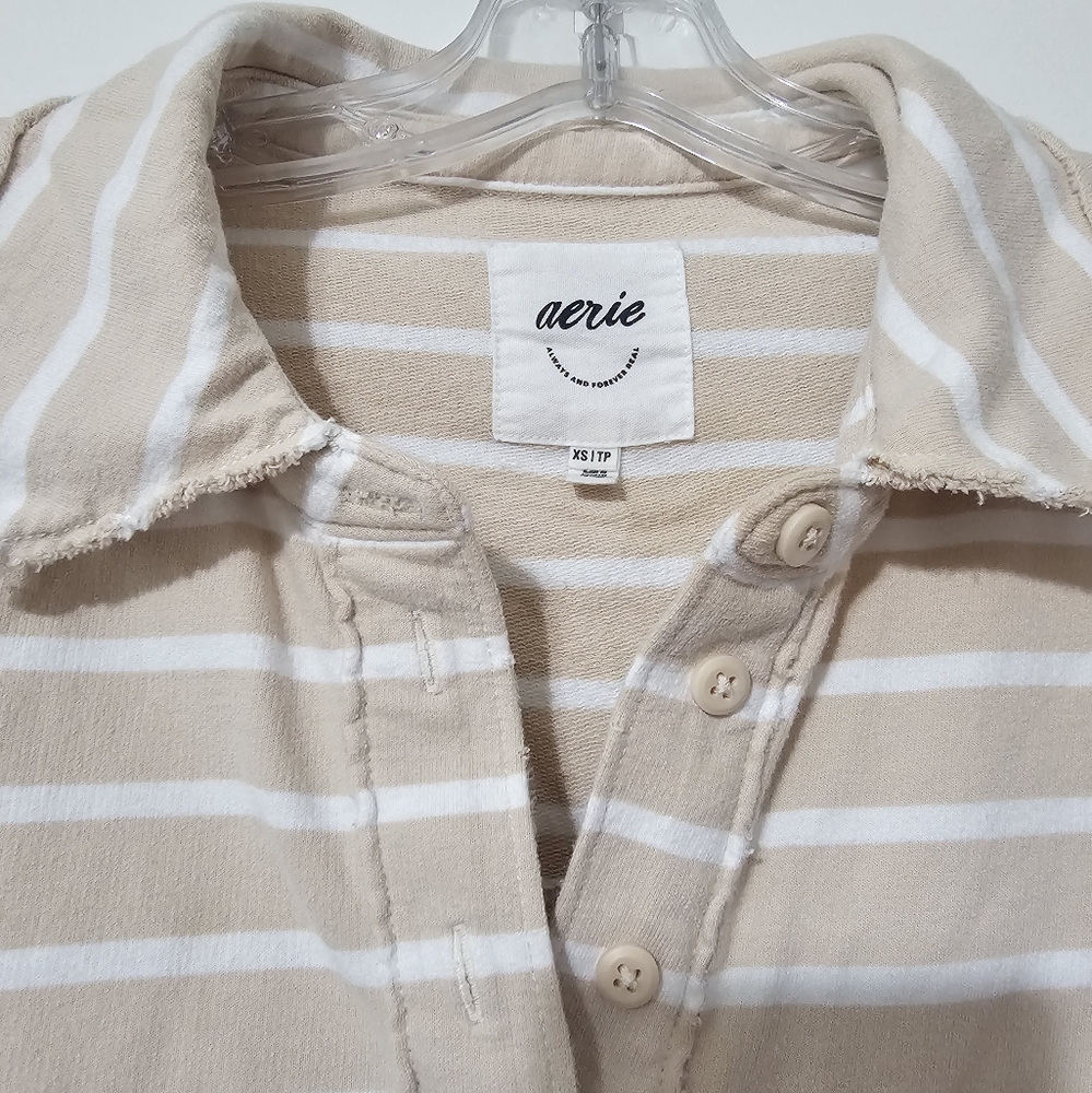 Aerie Beige and White Striped Button-Up Shirt